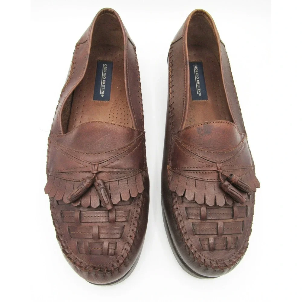 Giorgio Brutini Men's Loafers Kiltie Tassel Brown Woven Top Moc Toe Leather 13W